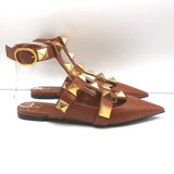 Valentino Roman Stud Ankle Strap Flats Brown Leather Size 38.5 NEW