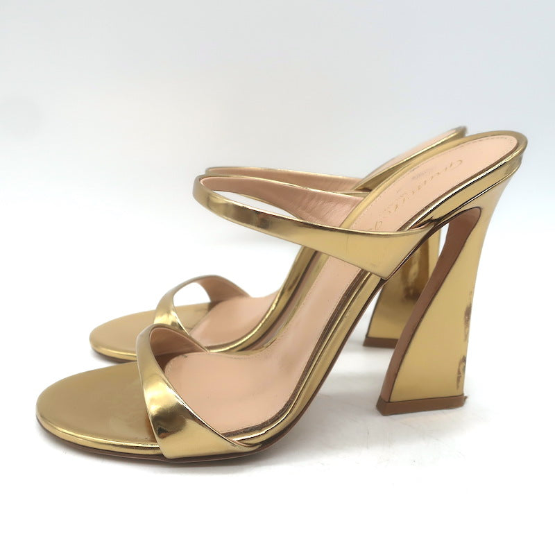 Gianvito Rossi Aura Two-Strap Mules Gold Mirrored Leather Size 36 Open Toe Heels
