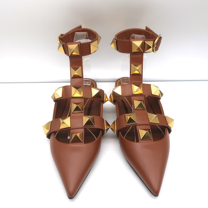Valentino Roman Stud Ankle Strap Flats Brown Leather Size 38.5 NEW