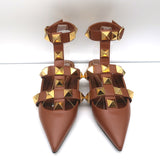 Valentino Roman Stud Ankle Strap Flats Brown Leather Size 38.5 NEW