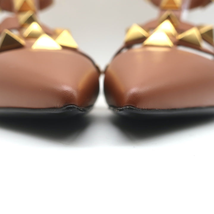 Valentino Roman Stud Ankle Strap Flats Brown Leather Size 38.5 NEW