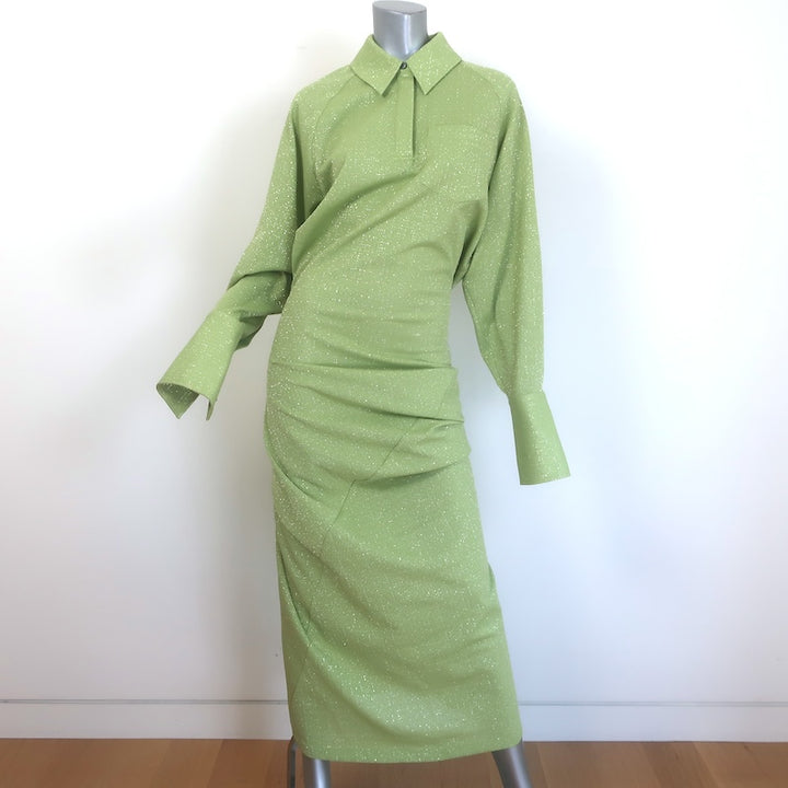 Tory Burch Metallic Draped Midi Shirt Dress Green Size Medium