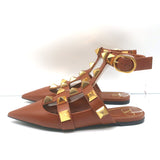 Valentino Roman Stud Ankle Strap Flats Brown Leather Size 38.5 NEW