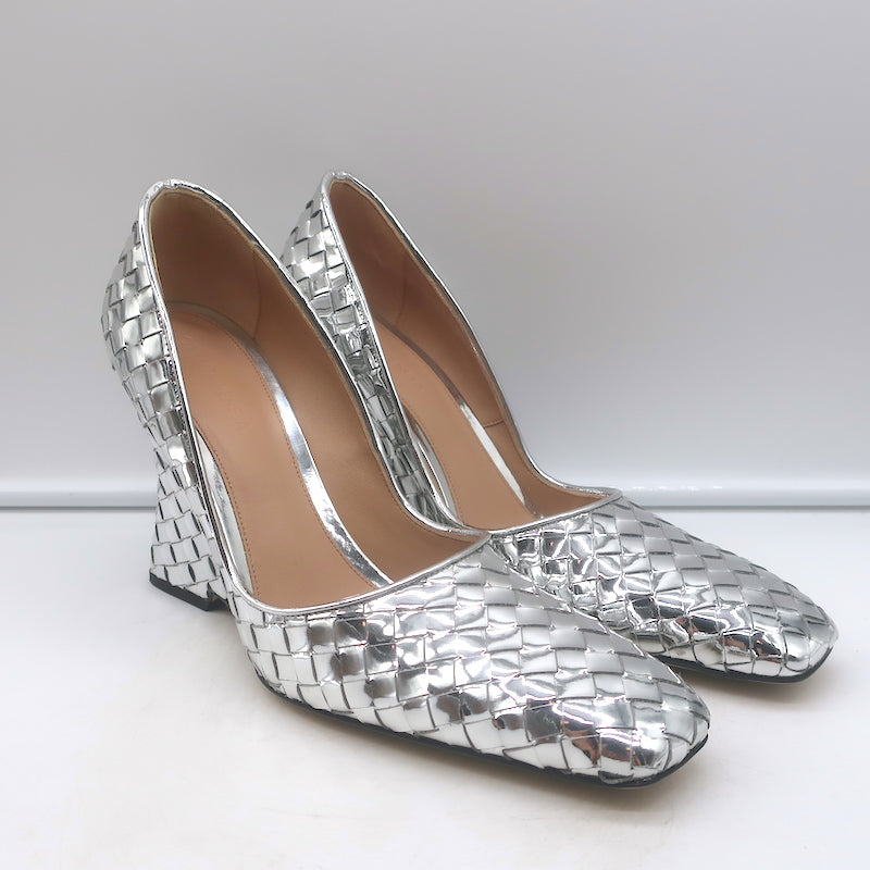 Bottega Veneta Comet Woven Mirror Leather Wedge Pumps Silver Size 38.5