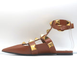 Valentino Roman Stud Ankle Strap Flats Brown Leather Size 38.5 NEW