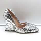 Bottega Veneta Comet Woven Mirror Leather Wedge Pumps Silver Size 38.5