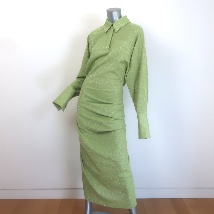 Tory Burch Metallic Draped Midi Shirt Dress Green Size Medium