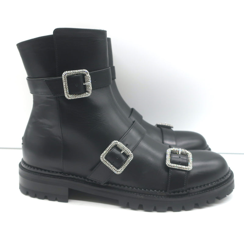 Jimmy Choo Hank Jewel Buckle Flat Ankle Boots Black Leather Size 39 NEW