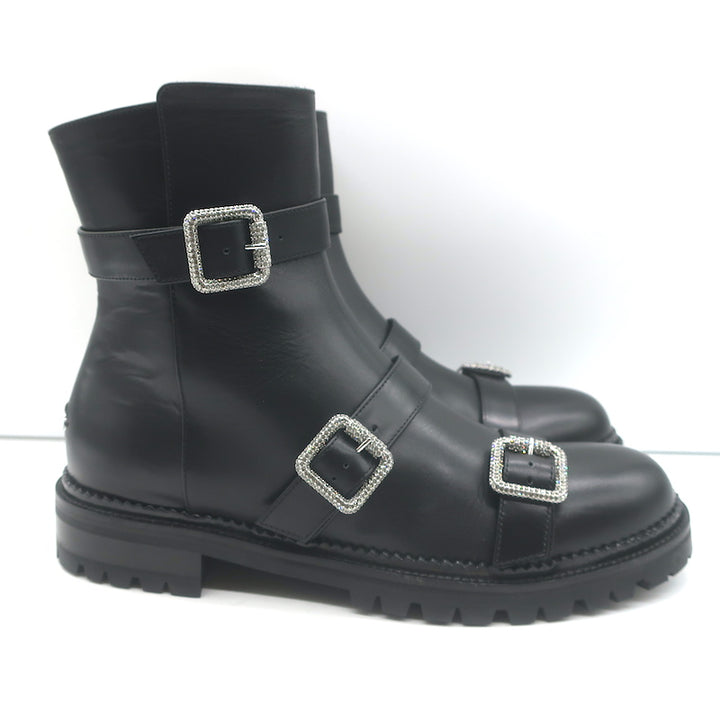 Jimmy Choo Hank Jewel Buckle Flat Ankle Boots Black Leather Size 39 NEW