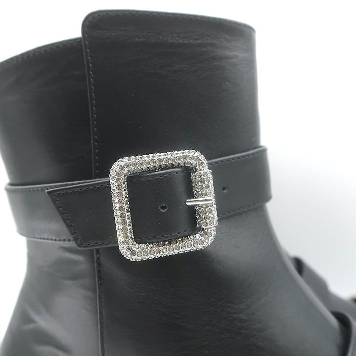 Jimmy Choo Hank Jewel Buckle Flat Ankle Boots Black Leather Size 39 NEW