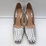 Bottega Veneta Comet Woven Mirror Leather Wedge Pumps Silver Size 38.5