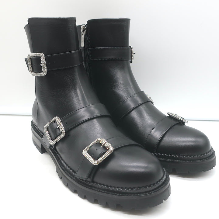 Jimmy Choo Hank Jewel Buckle Flat Ankle Boots Black Leather Size 39 NEW