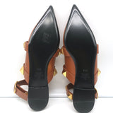 Valentino Roman Stud Ankle Strap Flats Brown Leather Size 38.5 NEW