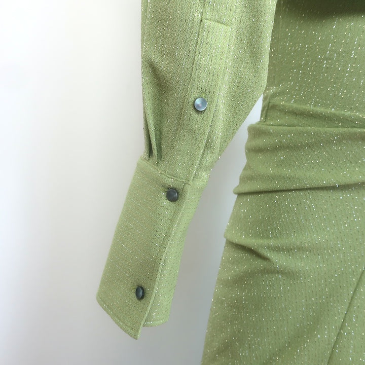 Tory Burch Metallic Draped Midi Shirt Dress Green Size Medium