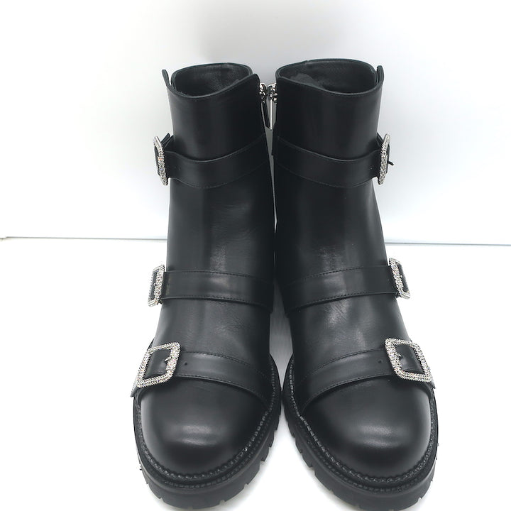 Jimmy Choo Hank Jewel Buckle Flat Ankle Boots Black Leather Size 39 NEW