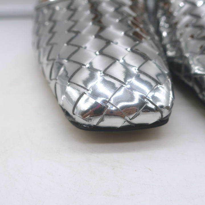 Bottega Veneta Comet Woven Mirror Leather Wedge Pumps Silver Size 38.5