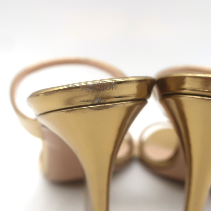 Gianvito Rossi Aura Two-Strap Mules Gold Mirrored Leather Size 36 Open Toe Heels