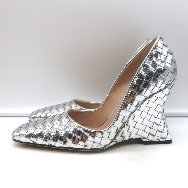 Bottega Veneta Comet Woven Mirror Leather Wedge Pumps Silver Size 38.5