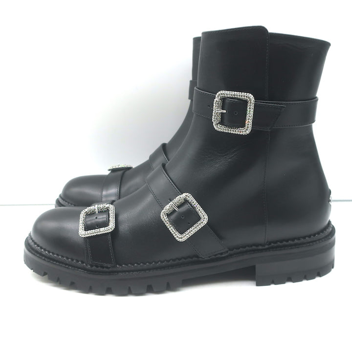 Jimmy Choo Hank Jewel Buckle Flat Ankle Boots Black Leather Size 39 NEW