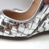 Bottega Veneta Comet Woven Mirror Leather Wedge Pumps Silver Size 38.5