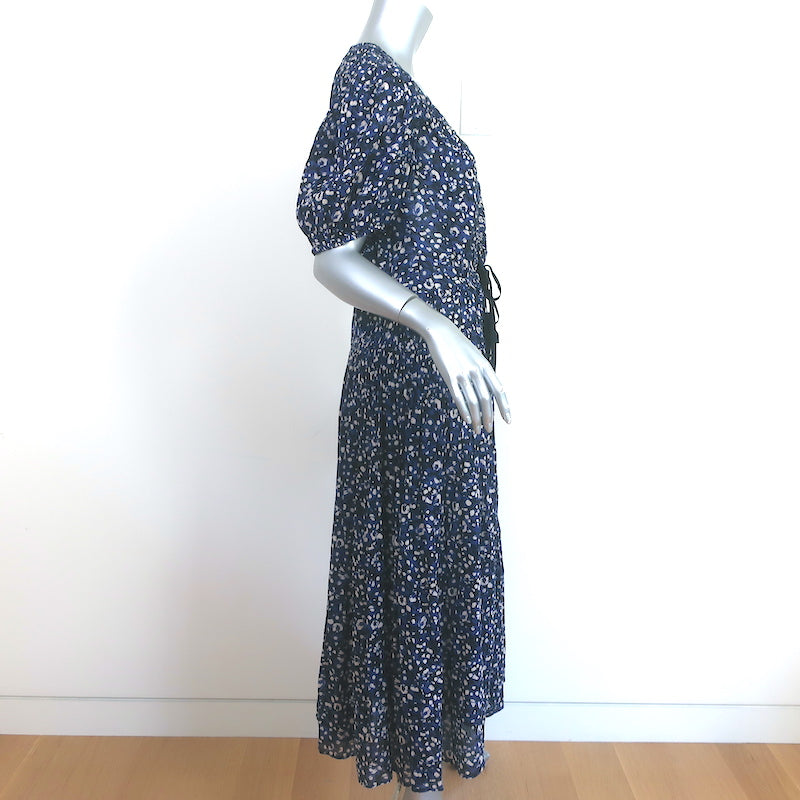 Ulla Johnson Puff Sleeve Midi Wrap Dress Kemala Navy Printed Cotton Size 10