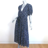 Ulla Johnson Puff Sleeve Midi Wrap Dress Kemala Navy Printed Cotton Size 10