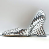 Bottega Veneta Comet Woven Mirror Leather Wedge Pumps Silver Size 38.5