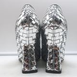 Bottega Veneta Comet Woven Mirror Leather Wedge Pumps Silver Size 38.5