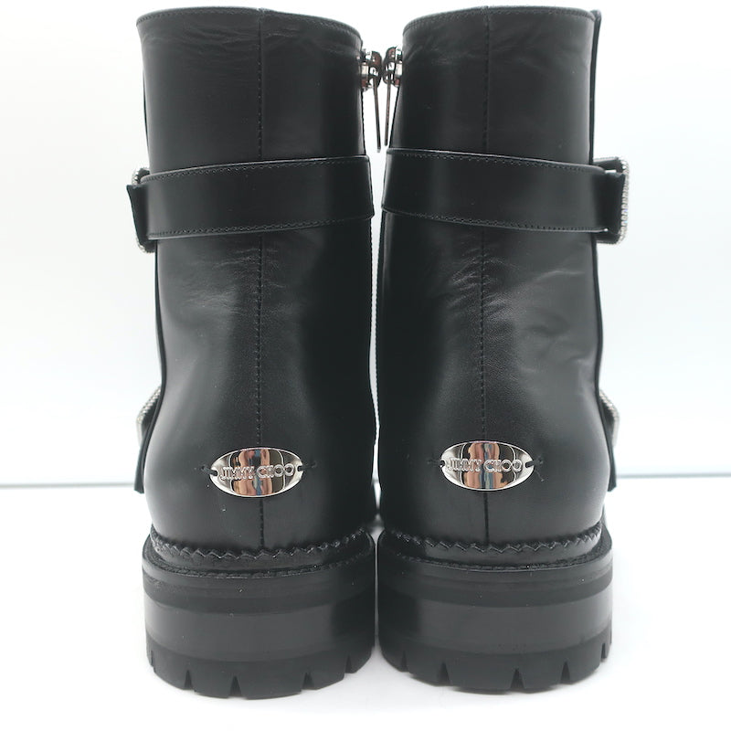 Jimmy Choo Hank Jewel Buckle Flat Ankle Boots Black Leather Size 39 NEW