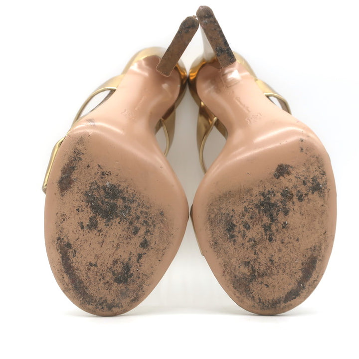 Gianvito Rossi Aura Two-Strap Mules Gold Mirrored Leather Size 36 Open Toe Heels