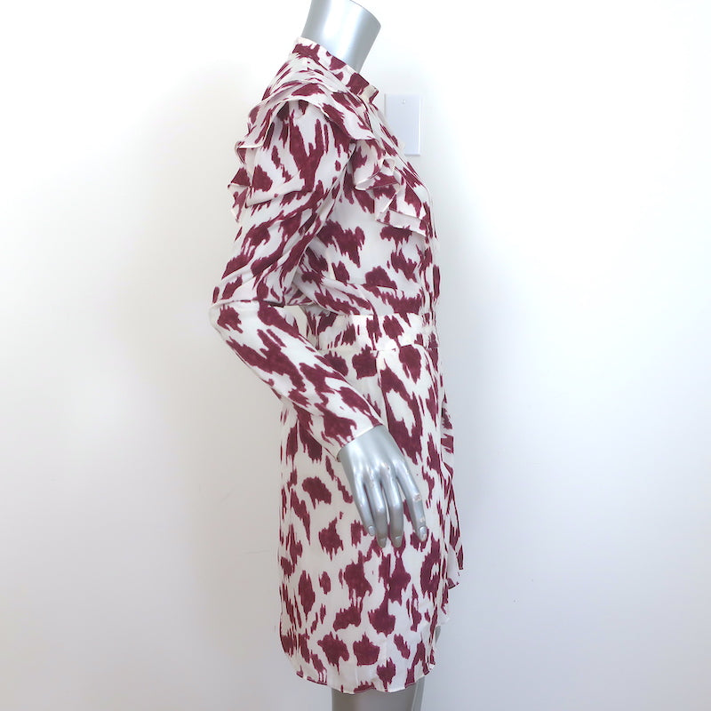 Isabel Marant Etoile Yoana Ruffle Mini Dress White/Burgundy Printed Silk Size 38
