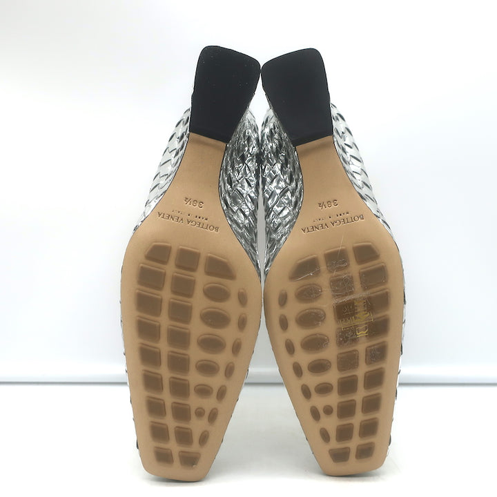 Bottega Veneta Comet Woven Mirror Leather Wedge Pumps Silver Size 38.5