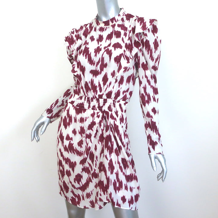 Isabel Marant Etoile Yoana Ruffle Mini Dress White/Burgundy Printed Silk Size 38