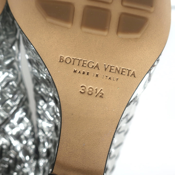 Bottega Veneta Comet Woven Mirror Leather Wedge Pumps Silver Size 38.5