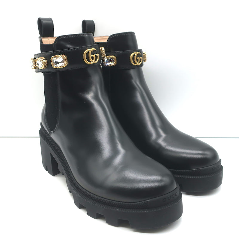 Gucci Trip Jeweled-Strap Chelsea Boots Black Leather Size 39.5 NEW