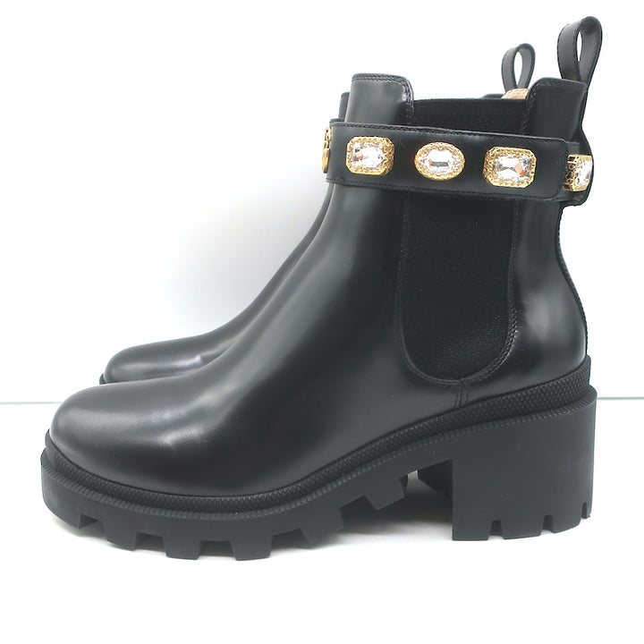 Gucci Trip Jeweled-Strap Chelsea Boots Black Leather Size 39.5 NEW