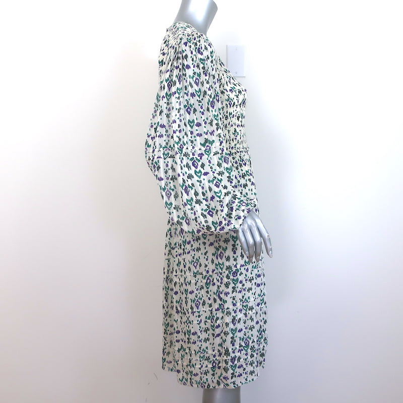Isabel Marant Etoile Eulie Long Sleeve Smocked Dress Cream Printed Crepe Size 40