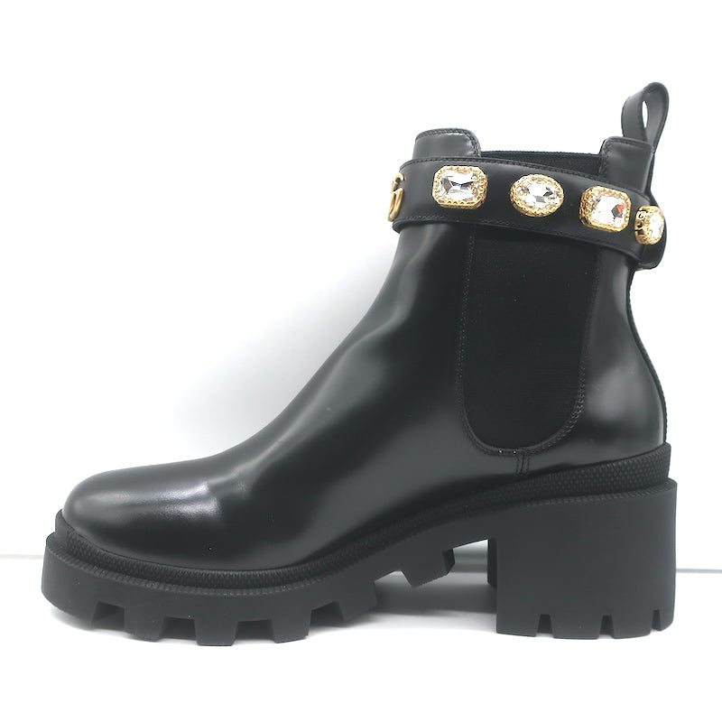 Gucci Trip Jeweled-Strap Chelsea Boots Black Leather Size 39.5 NEW