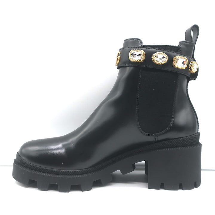 Gucci Trip Jeweled-Strap Chelsea Boots Black Leather Size 39.5 NEW