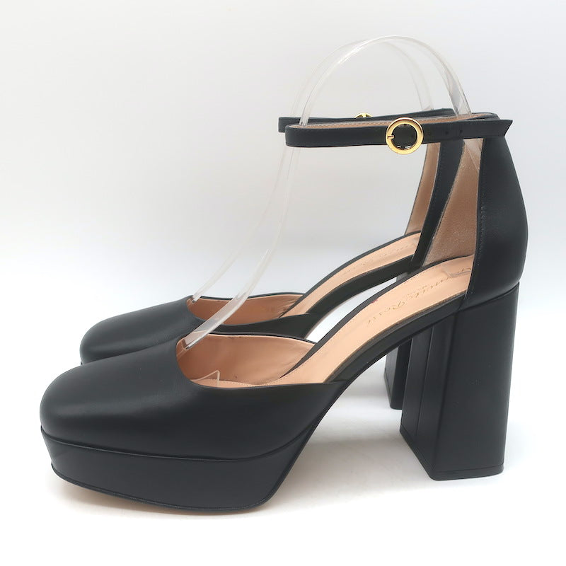 Gianvito Rossi Vian Ankle Strap Platform Pumps Black Leather Size 39