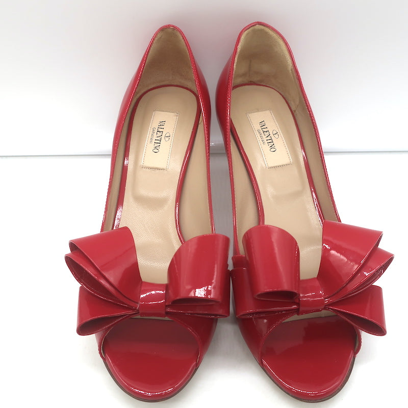 Valentino Peep Toe Bow Pumps Red Patent Leather Size 37.5