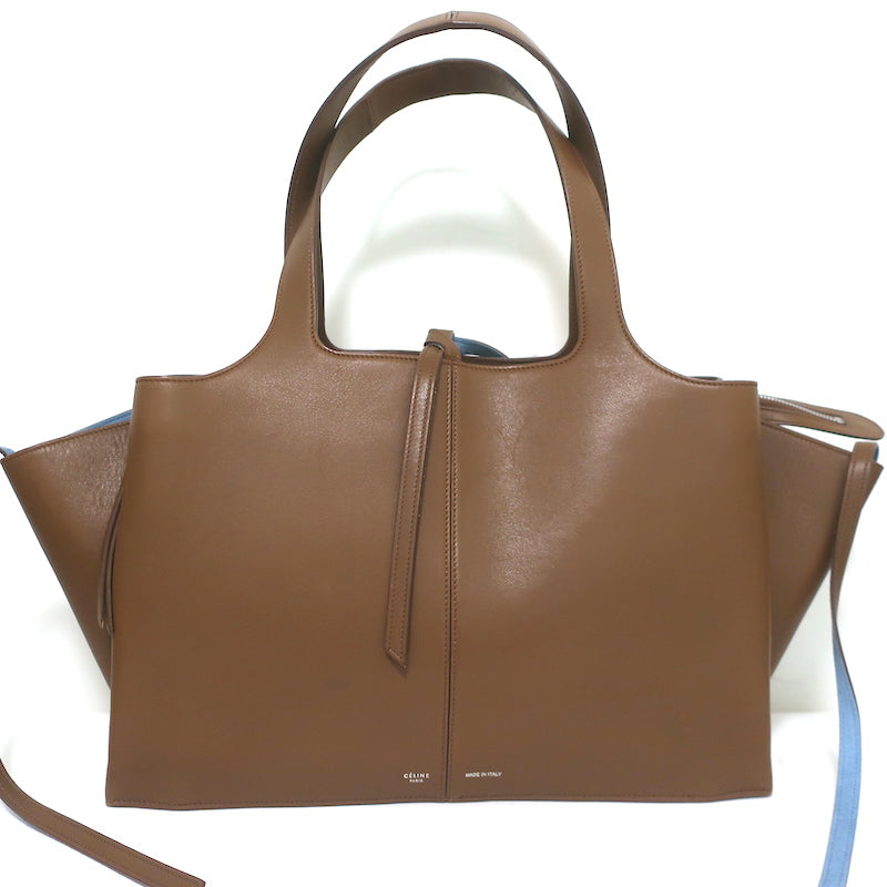 Celine Tri-Fold Medium Shoulder Bag Bi-Color Brown Leather &amp; Blue Suede