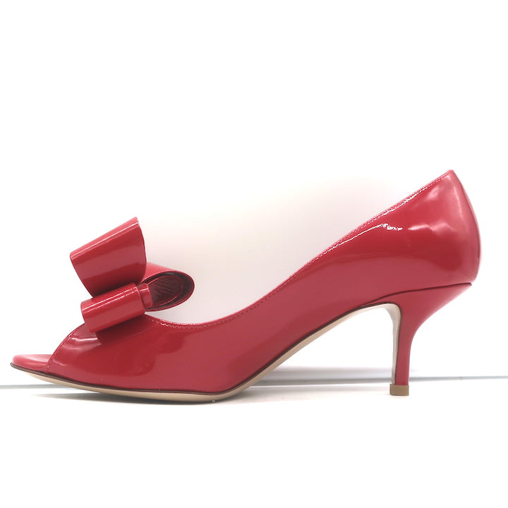 Valentino Peep Toe Bow Pumps Red Patent Leather Size 37.5