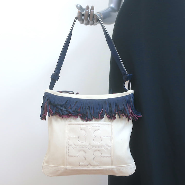Tory Burch Fringed Canvas Crossbody Cream Small Shoulder Bag NEW