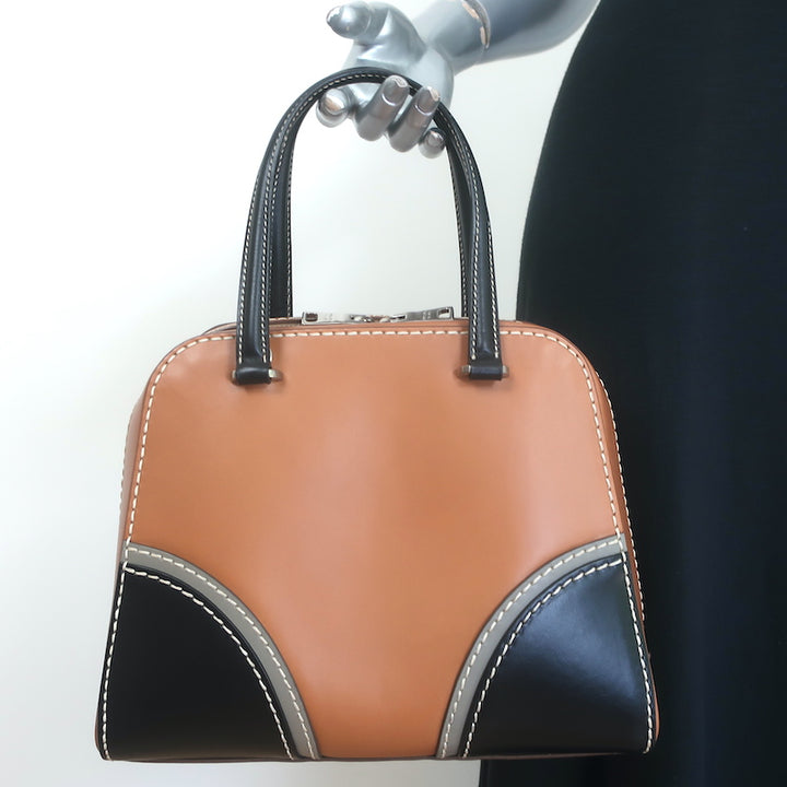 Prada City Stitch Pyramid Satchel Brown &amp; Black Leather Medium Crossbody Bag