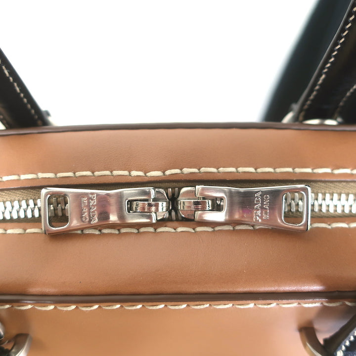 Prada City Stitch Pyramid Satchel Brown &amp; Black Leather Medium Crossbody Bag