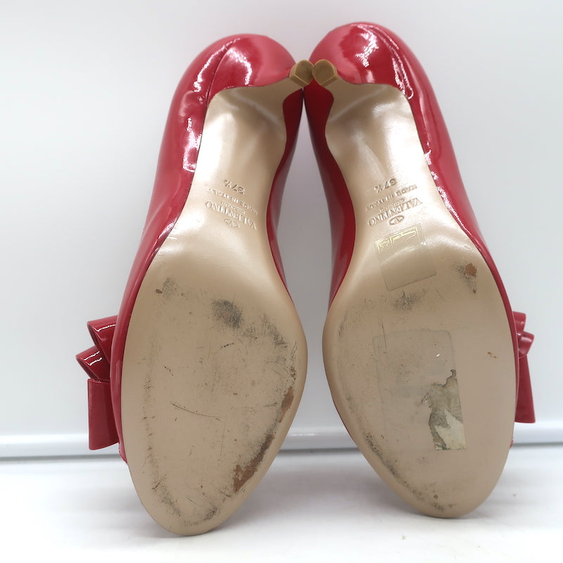 Valentino Peep Toe Bow Pumps Red Patent Leather Size 37.5