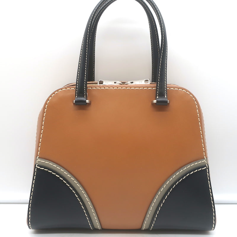 Prada City Stitch Pyramid Satchel Brown &amp; Black Leather Medium Crossbody Bag