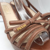 Prada Slingback Bow Sandals Brown Leather Size 37.5 Open Toe Platform Heels