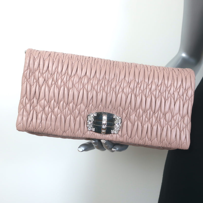 Miu Miu Crystal-Strap Flap Bag Cameo Pink Matelasse Leather Small Clutch